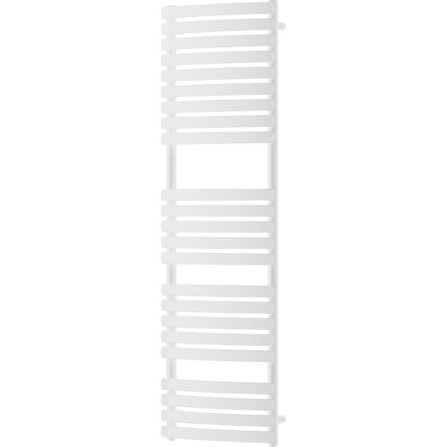 Biały grzejnik łazienkowy o prostokątnym kształcie, z poziomymi, równomiernie rozmieszczonymi rurkami. Produkt ma gładką powierzchnię i nowoczesny design.