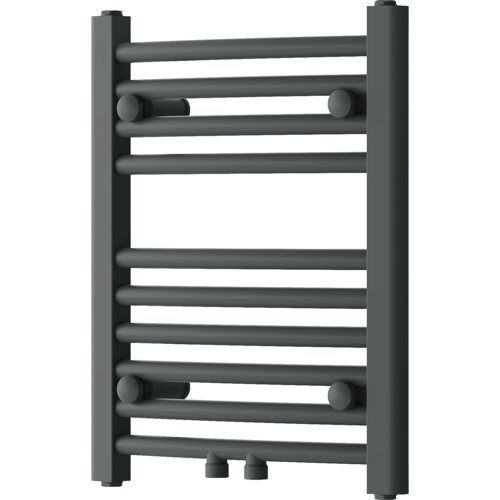 Grzejnik łazienkowy w kolorze antracytowym z poziomymi, okrągłymi rurkami i pionowymi, prostokątnymi wspornikami. Produkt ma kompaktowy rozmiar i nowoczesny design.