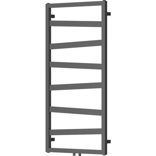 Dekoracyjny grzejnik łazienkowy w kolorze antracytowym o wymiarach 1100 x 530 mm, zbudowany z poziomych, prostokątnych rur ułożonych pod kątem. Produkt ma moc 376 W i jest oznaczony jako model W130-1100-530-00-66.