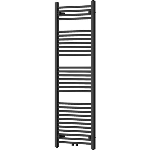 Czarny grzejnik łazienkowy o wymiarach 1500 x 500 mm z poziomymi, równomiernie rozmieszczonymi rurkami. Produkt ma nowoczesny design i jest przeznaczony do montażu na ścianie.