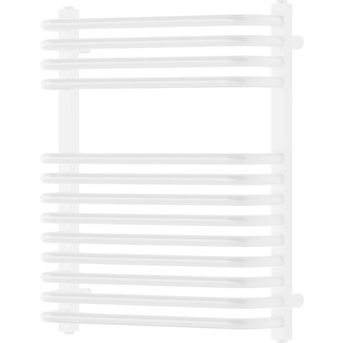 Biały grzejnik łazienkowy o prostokątnym kształcie z poziomymi, równoległymi rurkami. Produkt ma gładką powierzchnię i minimalistyczny design.