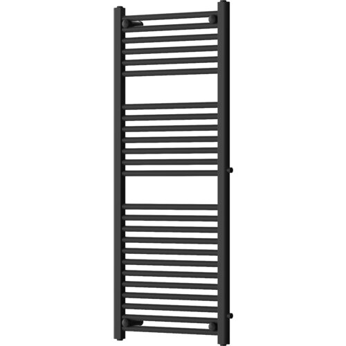 Czarny grzejnik łazienkowy o wymiarach 1200 x 500 mm z bocznym podłączeniem, składający się z poziomych, równomiernie rozmieszczonych rurek. Produkt ma moc 528 W i jest oznaczony jako "Mexen Mars".