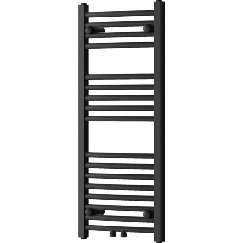 Czarny grzejnik łazienkowy o prostokątnym kształcie, zbudowany z poziomych, równomiernie rozmieszczonych rurek. Produkt ma nowoczesny design i jest przeznaczony do montażu na ścianie.