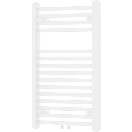 Biały grzejnik łazienkowy o prostokątnym kształcie, zbudowany z poziomych, równomiernie rozmieszczonych rurek. Produkt ma wymiary 800 x 500 mm i moc 410 W.