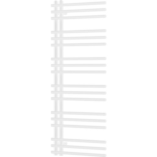 Biały, dekoracyjny grzejnik łazienkowy o wymiarach 1200 x 500 mm z poziomymi, równoległymi rurkami. Produkt ma moc 456 W i oznaczenie W101-1200-500-00-20.