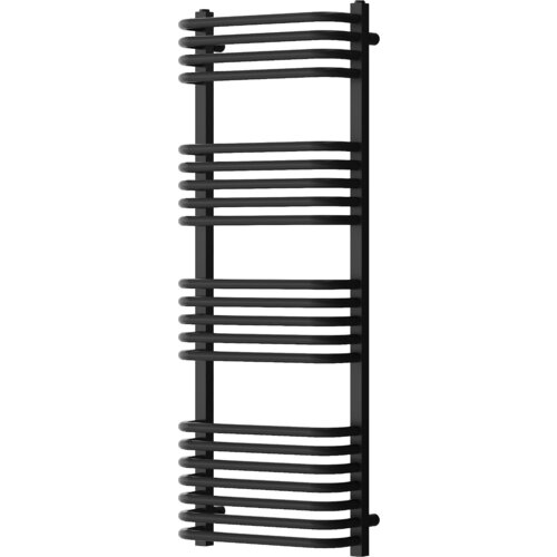 Czarny grzejnik łazienkowy o wymiarach 1210 x 450 mm z poziomymi, zaokrąglonymi rurkami. Produkt ma nowoczesny design i jest przeznaczony do montażu na ścianie.