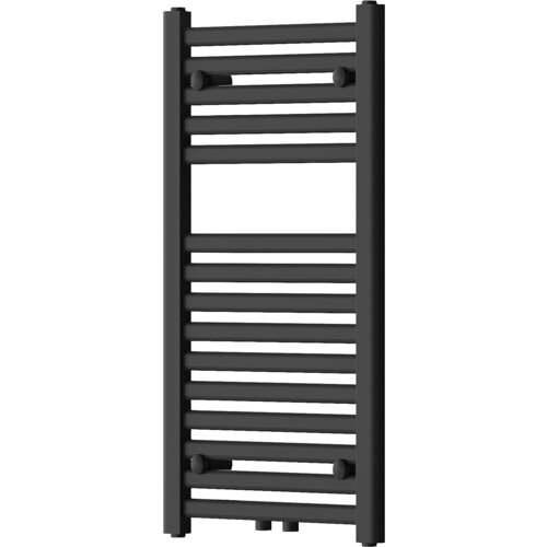 Czarny grzejnik łazienkowy o wymiarach 800 x 400 mm z poziomymi, równomiernie rozmieszczonymi rurkami. Produkt ma moc 320 W i model oznaczony jako W104-0800-400-00-70.