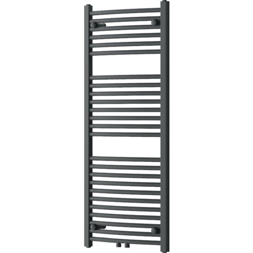 Na zdjęciu znajduje się antracytowy grzejnik łazienkowy o wymiarach 1200 x 500 mm, zbudowany z poziomych, równomiernie rozmieszczonych rurek. Grzejnik ma prostokątny kształt i jest przeznaczony do montażu na ścianie.