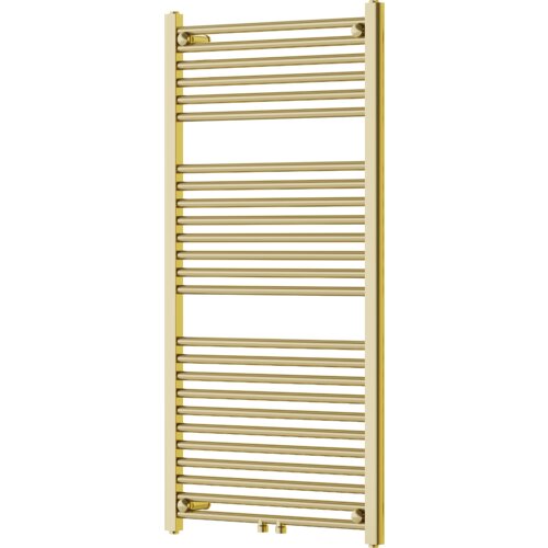 Złoty grzejnik łazienkowy o wymiarach 1200 x 600 mm z poziomymi rurkami i dwoma zaworami u dołu. Produkt ma elegancki, nowoczesny design i jest przeznaczony do montażu na ścianie.