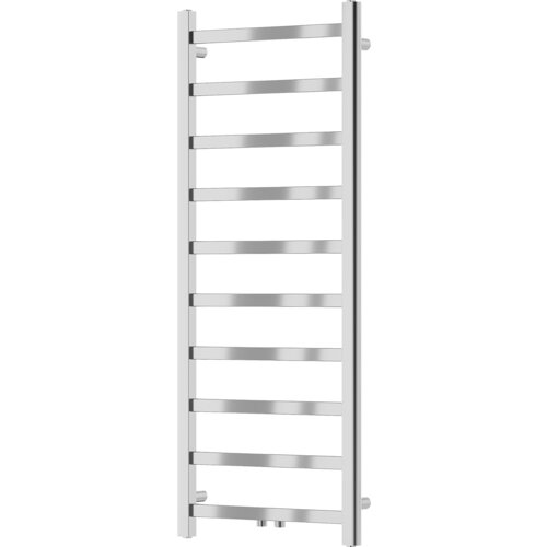 Chromowany grzejnik łazienkowy o wymiarach 1200 x 500 mm z prostymi, poziomymi rurkami. Produkt ma elegancki, nowoczesny wygląd i jest przeznaczony do montażu na ścianie.