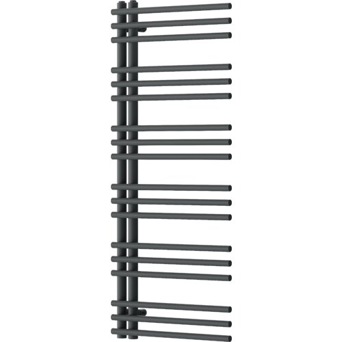 Na zdjęciu znajduje się dekoracyjny grzejnik łazienkowy w kolorze antracytowym, o wymiarach 1200 x 500 mm, zbudowany z poziomych rur zamocowanych na dwóch pionowych kolumnach. Grzejnik ma nowoczesny design z równomiernie rozmieszczonymi rurkami.