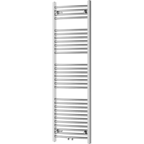 Chromowany grzejnik łazienkowy o wymiarach 1500 x 500 mm z poziomymi, równomiernie rozmieszczonymi rurkami. Na dole widoczne są dwa zawory do podłączenia instalacji.