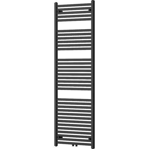 Czarny grzejnik łazienkowy o wymiarach 1800 x 600 mm z poziomymi, równomiernie rozmieszczonymi rurkami. Produkt ma nowoczesny design i jest przeznaczony do montażu na ścianie.