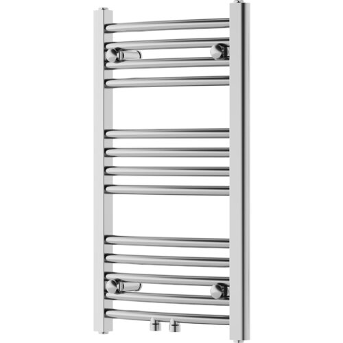 Chromowany grzejnik łazienkowy o wymiarach 700 x 400 mm z poziomymi rurkami i dwoma zaworami u dołu. Produkt ma nowoczesny design i gładką, błyszczącą powierzchnię.