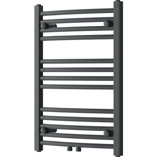 Na zdjęciu znajduje się antracytowy grzejnik łazienkowy z poziomymi rurkami, ułożonymi równomiernie pomiędzy dwoma pionowymi belkami. Produkt ma prosty, nowoczesny design i jest wykonany z metalu.