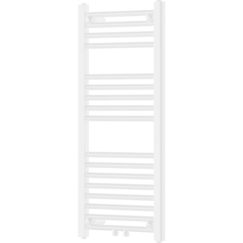 Biały grzejnik łazienkowy o prostokątnym kształcie, zbudowany z poziomych, równomiernie rozmieszczonych rurek. Produkt ma wymiary 900 x 400 mm i moc 309 W.
