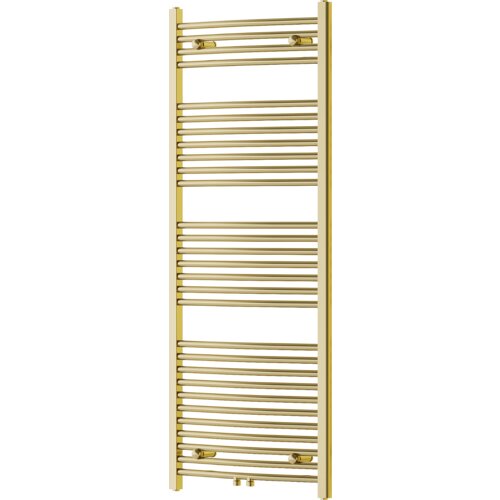 Złoty grzejnik łazienkowy o wymiarach 1500 x 600 mm z poziomymi rurkami i dwoma zaworami u dołu. Produkt ma elegancki, nowoczesny design z gładkim wykończeniem.