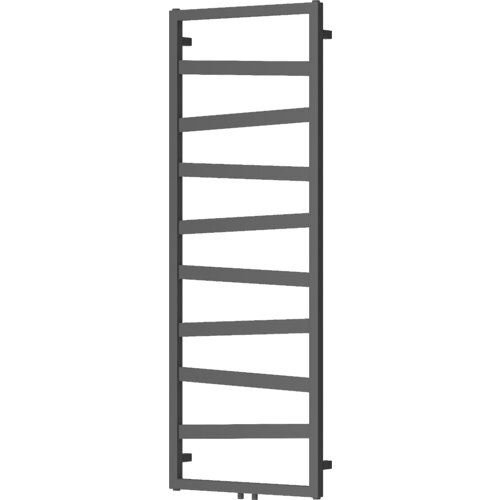 Dekoracyjny grzejnik łazienkowy w kolorze antracytowym o wymiarach 1430 x 530 mm, zbudowany z poziomych, prostokątnych rur. Produkt ma moc 477 W i prostą, nowoczesną konstrukcję.