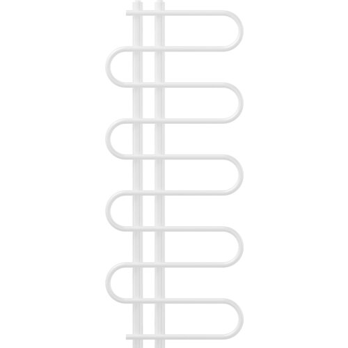 Biały, dekoracyjny grzejnik łazienkowy o wymiarach 1250 x 500 mm z widocznymi poziomymi rurkami ułożonymi w kształt litery "S". Produkt ma moc 256 W i model W114-1250-500-00-20.