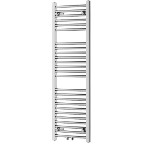 Chromowany grzejnik łazienkowy o wymiarach 1200 x 400 mm z poziomymi rurkami i dwoma zaworami u dołu. Produkt ma elegancki, nowoczesny wygląd i jest przeznaczony do montażu na ścianie.