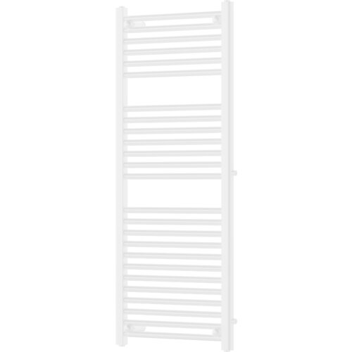 Biały grzejnik łazienkowy o wymiarach 1200 x 500 mm z bocznym podłączeniem, składający się z poziomych rurek. Produkt ma moc 528 W i oznaczenie W110-1200-500-00-20-S.