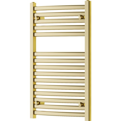 Złoty grzejnik łazienkowy o wymiarach 800 x 500 mm z poziomymi, równoległymi rurkami. Produkt ma eleganckie, błyszczące wykończenie.