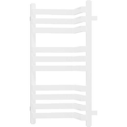 Biały grzejnik łazienkowy o nowoczesnym designie, składający się z poziomych, lekko wygiętych rur. Produkt ma prostokątny kształt i jest przeznaczony do montażu na ścianie.