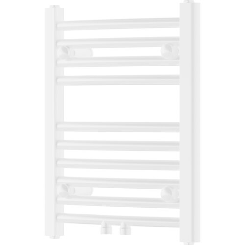 Biały grzejnik łazienkowy o prostokątnym kształcie z poziomymi rurkami i pionowymi kolektorami. Produkt ma oznaczenie "Mexen Ares grzejnik łazienkowy 500 x 400 mm, 179 W, biały - W102-0500-400-00-20".