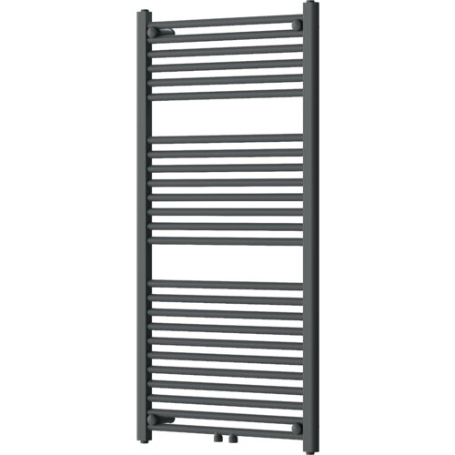 Grzejnik łazienkowy w kolorze antracytowym o wymiarach 1200 x 600 mm, składający się z poziomych, równomiernie rozmieszczonych rurek. Produkt ma moc 617 W i oznaczenie W110-1200-600-00-66.