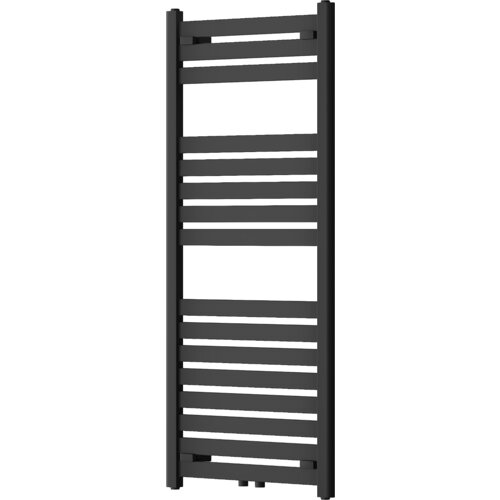 Czarny grzejnik łazienkowy o prostokątnym kształcie, zbudowany z poziomych, równomiernie rozmieszczonych rurek. Produkt ma nowoczesny design i jest przeznaczony do montażu na ścianie.