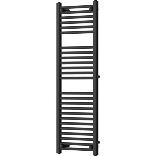 Czarny grzejnik łazienkowy o wymiarach 1200 x 400 mm z bocznym podłączeniem, składający się z poziomych, równomiernie rozmieszczonych rurek. Produkt ma moc 439 W i jest oznaczony jako "W110-1200-400-00-70-S".