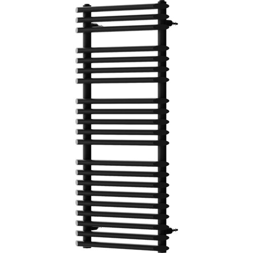 Czarny grzejnik łazienkowy o wymiarach 1080 x 500 mm z poziomymi, równoległymi rurkami. Produkt ma nowoczesny design i jest przeznaczony do montażu na ścianie.