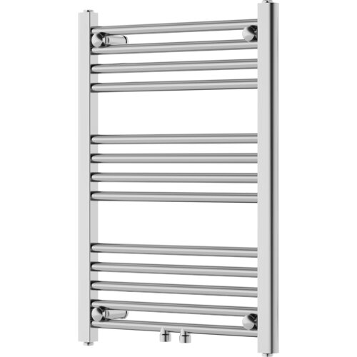Chromowany grzejnik łazienkowy o wymiarach 700 x 500 mm z poziomymi rurkami i dwoma zaworami u dołu. Produkt ma elegancki, nowoczesny wygląd z gładkim wykończeniem.
