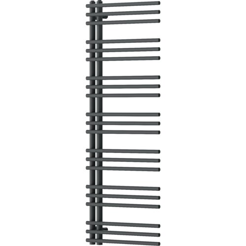 Dekoracyjny grzejnik łazienkowy w kolorze antracytowym, o wymiarach 1400 x 500 mm, zbudowany z poziomych, równoległych rur. Produkt ma nowoczesny design i moc 532 W.