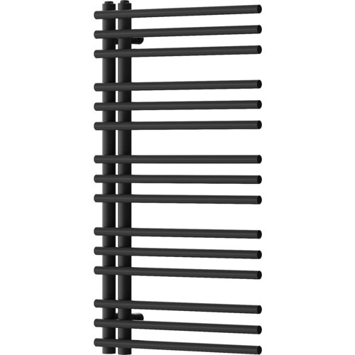 Czarny, dekoracyjny grzejnik łazienkowy o wymiarach 900 x 500 mm, składający się z poziomych, równoległych rur połączonych z dwoma pionowymi rurami. Produkt ma moc 369 W i oznaczenie W101-0900-500-00-70.