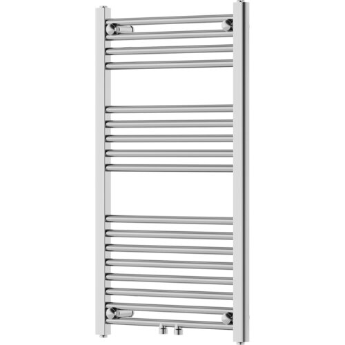 Na zdjęciu znajduje się chromowany grzejnik łazienkowy z poziomymi rurkami, o wymiarach 900 x 500 mm. Produkt ma elegancki, nowoczesny wygląd i jest przeznaczony do montażu na ścianie.