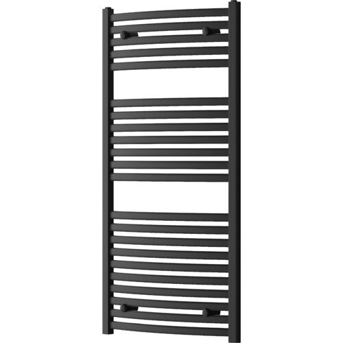 Czarny grzejnik łazienkowy o wymiarach 1200 x 600 mm z poziomymi, równomiernie rozmieszczonymi rurkami. Produkt ma nowoczesny design i jest przeznaczony do montażu na ścianie.