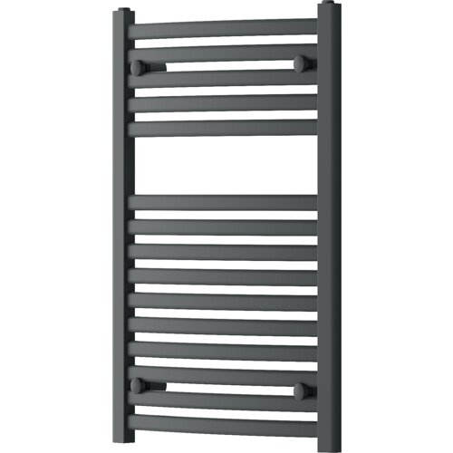 Na zdjęciu widoczny jest antracytowy grzejnik łazienkowy z poziomymi, równoległymi rurkami zamocowanymi na dwóch pionowych belkach. Grzejnik ma prosty, nowoczesny design i jest przeznaczony do montażu na ścianie.