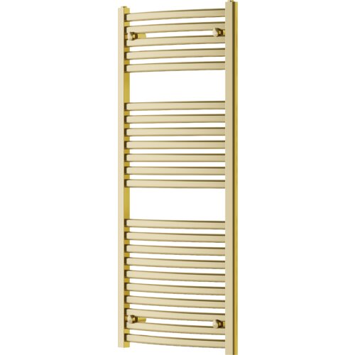Złoty grzejnik łazienkowy o wymiarach 1200 x 500 mm z poziomymi, równomiernie rozmieszczonymi rurkami. Produkt ma eleganckie, błyszczące wykończenie.