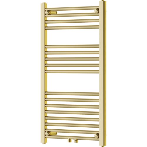 Złoty grzejnik łazienkowy o prostokątnym kształcie z poziomymi rurkami. Produkt ma wymiary 900 x 500 mm i moc 292 W.