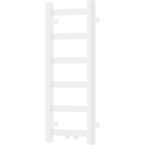 Biały grzejnik łazienkowy o prostokątnym kształcie z sześcioma poziomymi rurkami i dwoma pionowymi rurkami po bokach. Produkt ma minimalistyczny design i jest przeznaczony do montażu na ścianie.