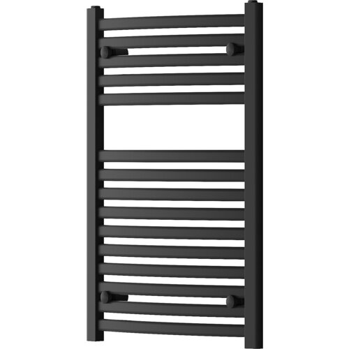 Czarny grzejnik łazienkowy o wymiarach 800 x 500 mm z poziomymi, równomiernie rozmieszczonymi rurkami. Produkt ma prosty, nowoczesny design i jest wyposażony w cztery uchwyty montażowe.
