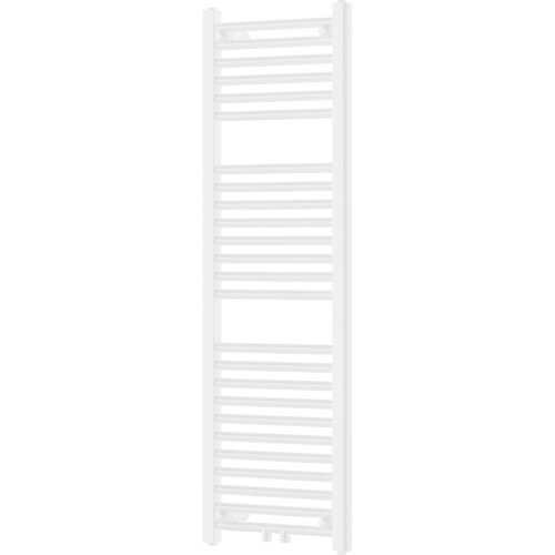 Biały grzejnik łazienkowy o wymiarach 1200 x 400 mm z poziomymi rurkami i dwoma pionowymi kolektorami. Produkt ma moc 439 W i jest oznaczony jako "Mexen Mars".