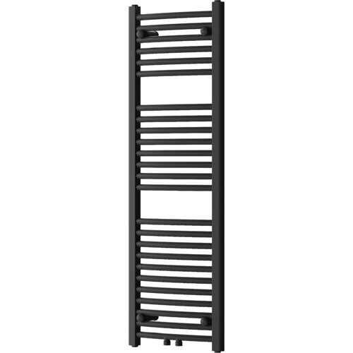Czarny grzejnik łazienkowy o prostokątnym kształcie, zbudowany z poziomych, równomiernie rozmieszczonych rurek. Produkt ma wymiary 1200 x 400 mm i moc 442 W.