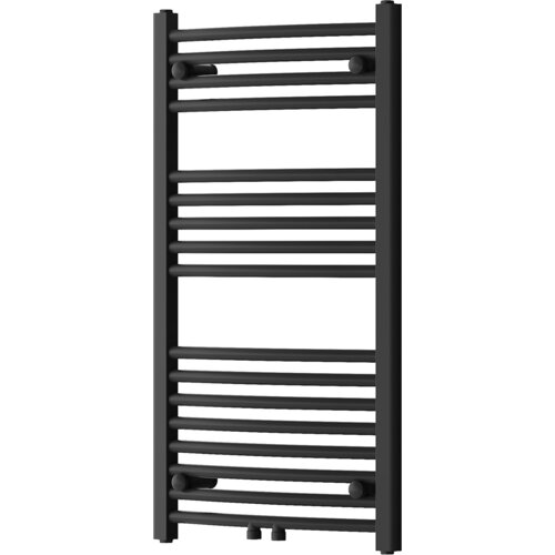 Czarny grzejnik łazienkowy o prostokątnym kształcie, zbudowany z poziomych, równomiernie rozmieszczonych rurek. Produkt ma wymiary 900 x 500 mm i moc 372 W.