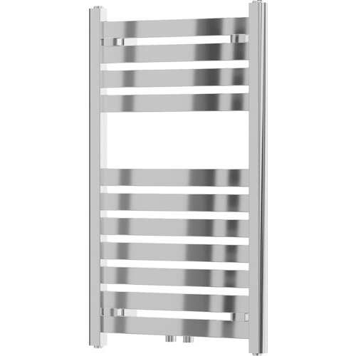 Chromowany grzejnik łazienkowy o wymiarach 800 x 500 mm z poziomymi, płaskimi rurkami. Produkt ma elegancki, nowoczesny wygląd i jest przeznaczony do montażu na ścianie.