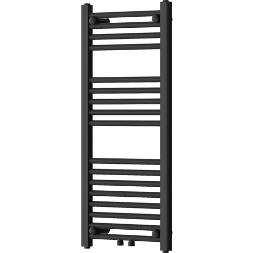 Czarny grzejnik łazienkowy o prostokątnym kształcie, zbudowany z poziomych, równomiernie rozmieszczonych rurek. Produkt ma nowoczesny design i jest przeznaczony do montażu na ścianie.