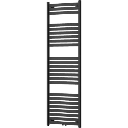Czarny grzejnik łazienkowy o wymiarach 1800 x 600 mm z poziomymi, równomiernie rozmieszczonymi rurkami. Produkt ma moc 934 W i model W105-1800-600-00-70.