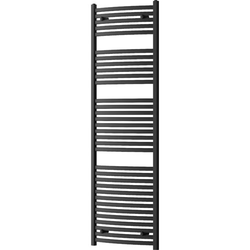 Czarny grzejnik łazienkowy o wymiarach 1800 x 600 mm z poziomymi, równomiernie rozmieszczonymi rurkami. Produkt ma nowoczesny design i jest przeznaczony do montażu na ścianie.