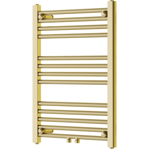 Złoty grzejnik łazienkowy z poziomymi rurkami i pionowymi kolektorami, o wymiarach 700 x 500 mm. Produkt ma eleganckie wykończenie i prosty, nowoczesny design.